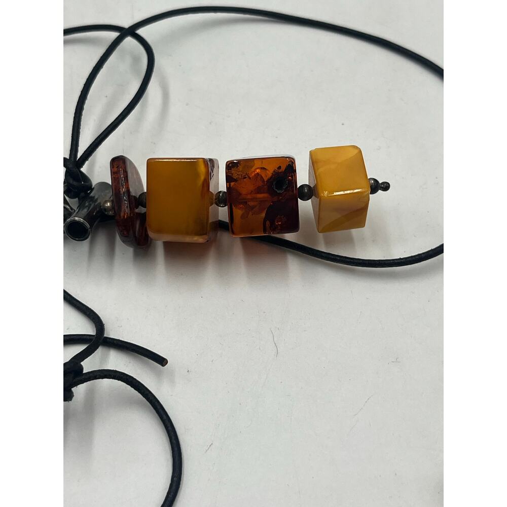 Sterling Silver Vintage Cube Modernist Triple Amber Pendant Black Chord Necklace - Picture 15 of 16